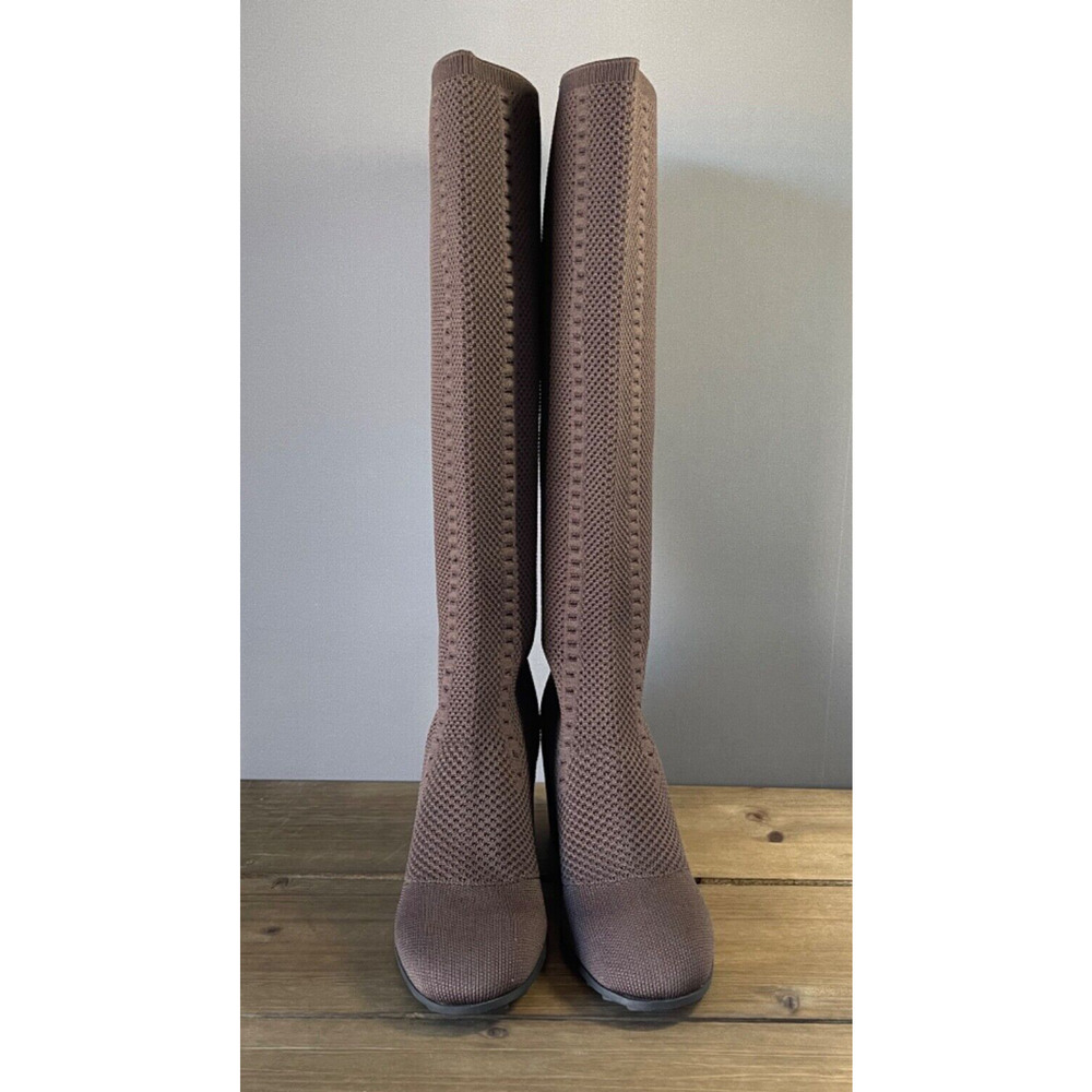 Elegant Brown Knit Knee-High Wedge Boots - Picture 3 of 10